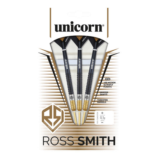 Šipky Unicorn Ross Smith dvoubarevné ocelové Das Bild zeigt die Unicorn Ross Smith Two-Tone Steeldarts in ihrer Verpackung. Die Verpackung hebt die Eigenschaften wie Gripper Shafts, 100 Micron Ultrafly Flights und Tungsten Barrels hervor.