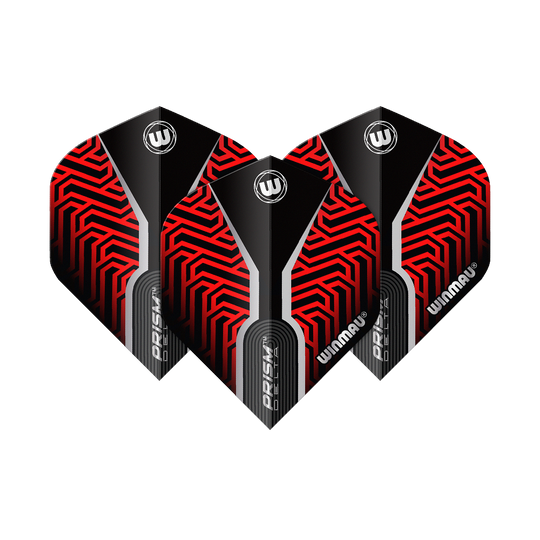 Das Bild zeigt drei Winmau Prism Delta Kairos No2 Standard Flights in Rot. Die Flights haben ein auffälliges rotes und schwarzes Muster mit weißen Akzenten.