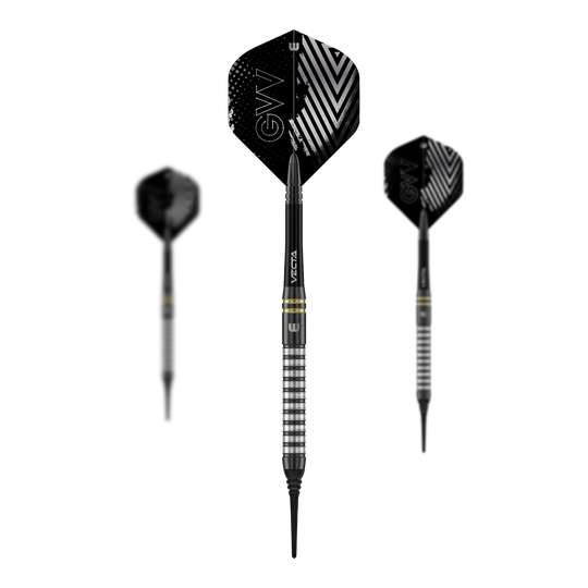 Winmau Gian Van Veen TS měkké šipky - 18g Das Foto zeigt ein Set der Winmau Gian Van Veen TS Softdarts 18g. Alle Darts liegen nebeneinander auf einer ebenen Fläche.