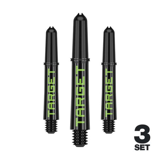 Target Pro Grip TAG Shafts - 3 sady - černo-zelené Auf dem Bild sind drei schwarze Dartschäfte mit grünem "TARGET"-Schriftzug zu sehen. Unten rechts steht "3 SET", was darauf hinweist, dass es sich um ein Set aus drei Stück handelt.