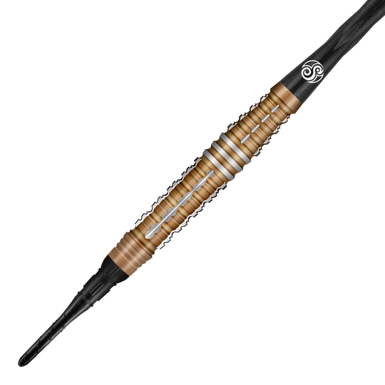 Auf dem Bild ist ein „Shot Future Knights Hachette Softdart“ mit einem Gewicht von 20g zu sehen. Der Dartpfeil hat einen gold-bronze­farbenen Schaft mit silbernen Rillen und eine schwarze Spitze.