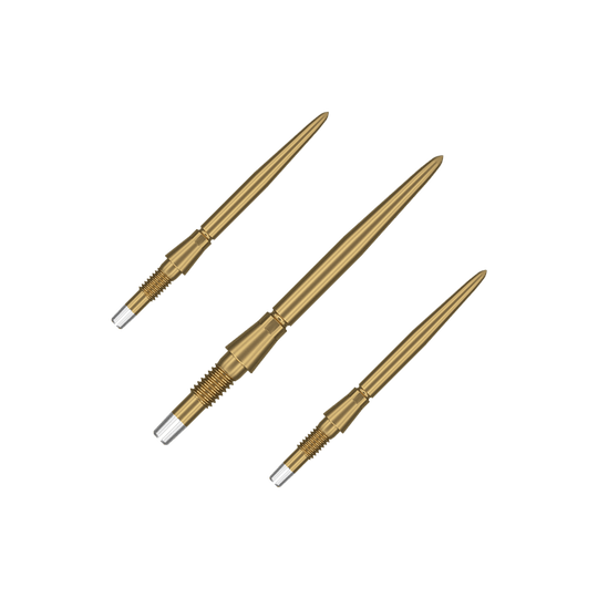 Špičky na šipky Target Swiss Storm Point - zlaté Das Bild zeigt drei goldene Dartspitzen, die nebeneinander angeordnet sind. Sie haben ein schlankes, spitzes Design mit einem silbernen Schraubgewinde am Ende.