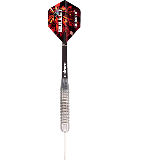 27520_Unicorn_Bullet_Gary_Anderson_Steeldarts_1O3xThy3ZF053O Das Bild zeigt einen Unicorn Bullet Gary Anderson Steeldart mit einem Gewicht von 22 Gramm. Der Dart hat eine metallische Spitze, einen geriffelten Griff und bunte Flights.