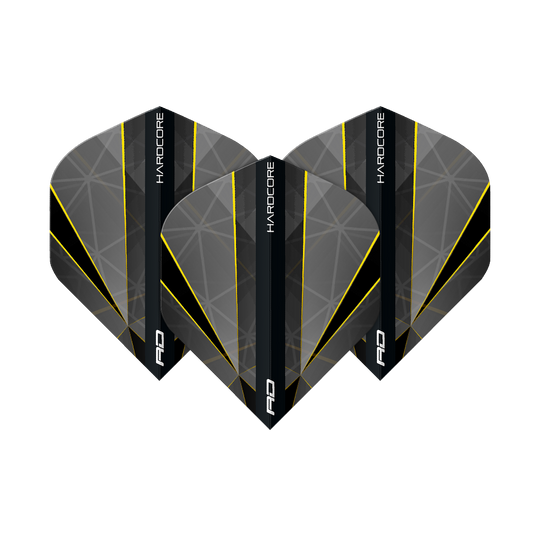 Das Bild zeigt drei Dart-Flights des Modells „Red Dragon Hardcore Seren Onyx No2 Standard Flights“. Die Flights sind grau mit schwarzen und gelben Linien sowie der Aufschrift „HARDCORE“.