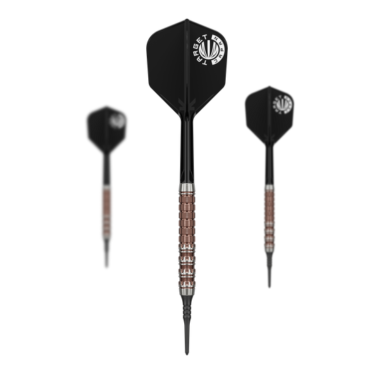 Abgebildet ist das Set der Target Japan Prime Series George Nishitani Raptor GEN6 Softdarts mit 21,5g Gewicht. Das Set wird vollständig und übersichtlich präsentiert.