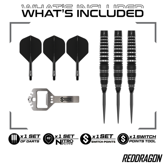 Das Bild zeigt die Red Dragon Sable Bomb Switch Point Steeldarts. Die Darts haben ein markantes Design und sind speziell für das Steeldartspiel entwickelt.