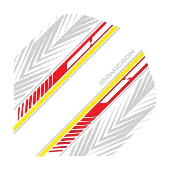 Letky pro pětiboj bílé/červené/žluté Das Bild zeigt ein Dartflight in Weiß mit roten und gelben Streifen sowie grauen Mustern. Auf dem Flight steht der Text "100 MICRON".