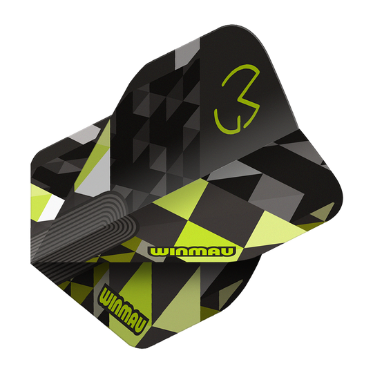 Letky Winmau Prism Delta MvG Logo Green No2 Standard Das Bild stellt Winmau Prism Delta MvG Logo Green No2 Standard Flights dar. Grüne Dart-Flights mit einem markanten Logo sind abgebildet.