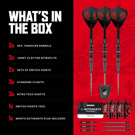 Ocelové šipky Red Dragon Jonny Clayton RD-ULTRA Switch Point - 22g Das Foto zeigt die Red Dragon Jonny Clayton RD-ULTRA Switch Point Steeldarts mit einem Gewicht von 22 Gramm. Die Darts werden im Detail präsentiert.