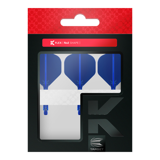 Standardní letový systém Target K-Flex No2 - modrý Die Verpackung enthält drei blaue Dart-Flights im No2-Standard-Format von der Marke Target. Im oberen Bereich steht "K Flex | No2 Shape" auf einem roten Streifen.