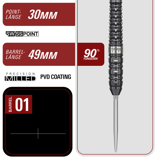 Zu sehen ist Target Japan Black Marque Eclipse Swiss Point Steeldarts - 23g. Die Steeldarts sind für Präzision und ausgewogenes Spiel entwickelt.