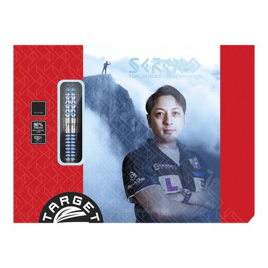 Die Verpackung zeigt die Target Japan Toru Suzuki Sereno GEN2 Swiss Point Steeldarts. Auf der Vorderseite ist ein Bild von Toru Suzuki neben den Darts zu sehen.