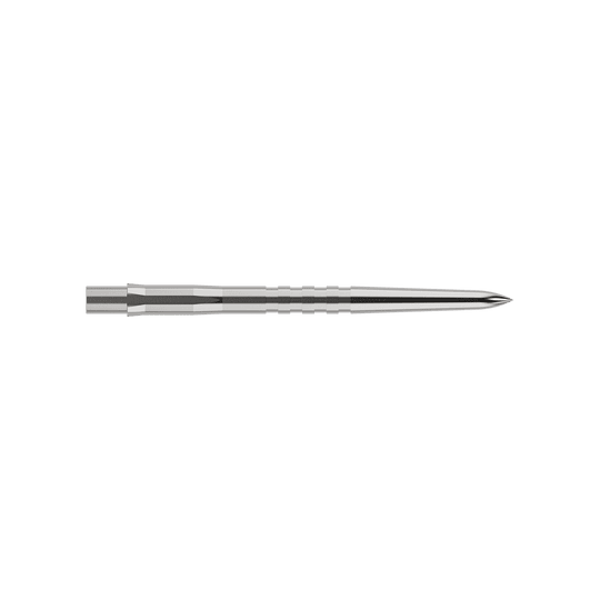 Špičky na šipky Mission Caliburn EVO - drážkované - stříbrné Auf dem Bild ist eine silberne, gerillte Steeldartspitze zu sehen. Sie ist schmal, lang und misst 32 mm in der Länge.