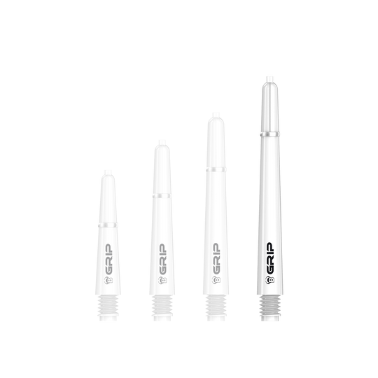 BS55059_Bulls_B-Grip-2_SL_Shafts_Weiss_48mm_1k5SyORvGaTRPf Das Bild zeigt vier weiße Dartschäfte des Modells "Bulls B-Grip-2 SL". Sie sind in unterschiedlichen Längen angeordnet und tragen den Aufdruck "GRIP".