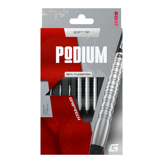 Das Foto zeigt die GOAT Podium Silver Softdarts mit 18g Gewicht. Diese silbernen Softdarts eignen sich ideal für Dartspieler.