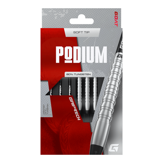 Šipky GOAT Podium Silver Softdarts - 18g Das Foto zeigt die GOAT Podium Silver Softdarts mit 18g Gewicht. Diese silbernen Softdarts eignen sich ideal für Dartspieler.