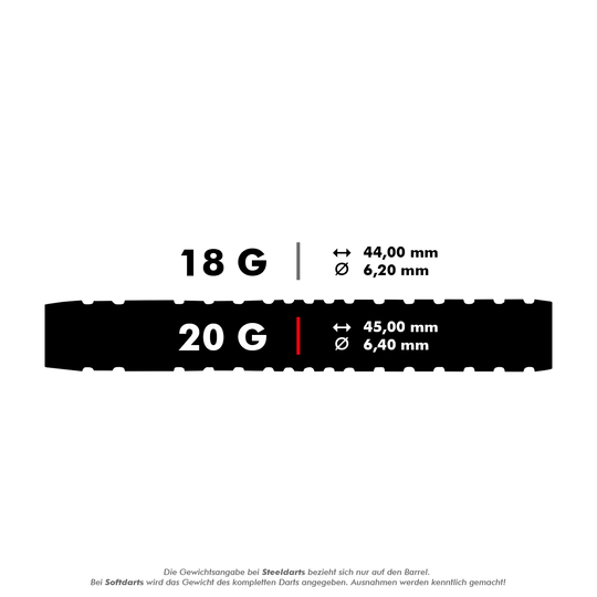 Šipky Shot Michael Smith Achieve Soft Das Bild zeigt die Maße und Gewichte von Softdarts in 18 Gramm und 20 Gramm. Die Länge und der Durchmesser variieren je nach Gewicht: 18 g hat 44,00 mm Länge und 6,20 mm Durchmesser, 20 g hat 45,00 mm Länge und 6,40 mm Durchmesser.