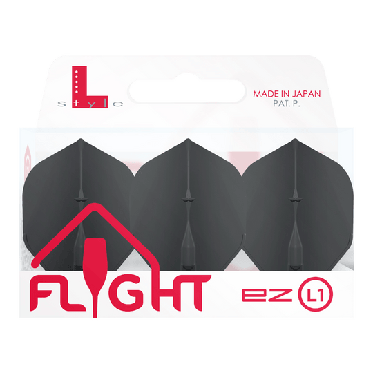 Standardní lety L-Style Champagne L1EZ Die Abbildung zeigt eine Packung mit L-Style Champagne L1EZ Standard Flights. In der Verpackung befinden sich drei schwarze Dartflights.