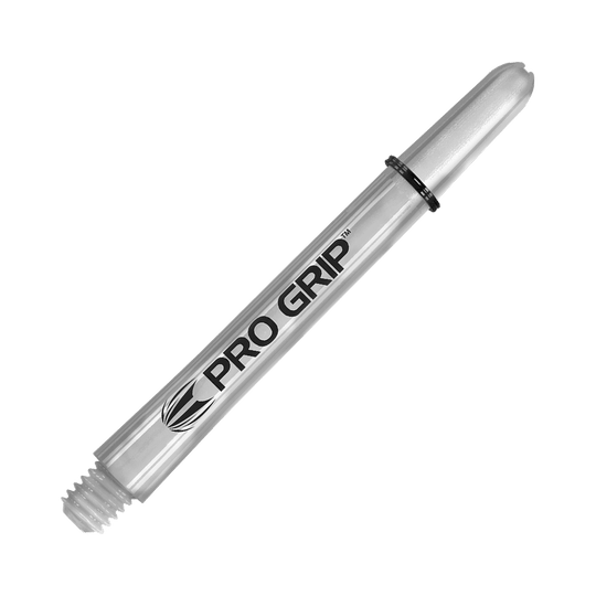 Target Pro Grip Shafts - 3 sady - Transparentní Das Bild zeigt einen transparenten "Pro Grip" Schafts für Darts. Der Schaft ist 48 mm lang und hat ein einfaches, klares Design.