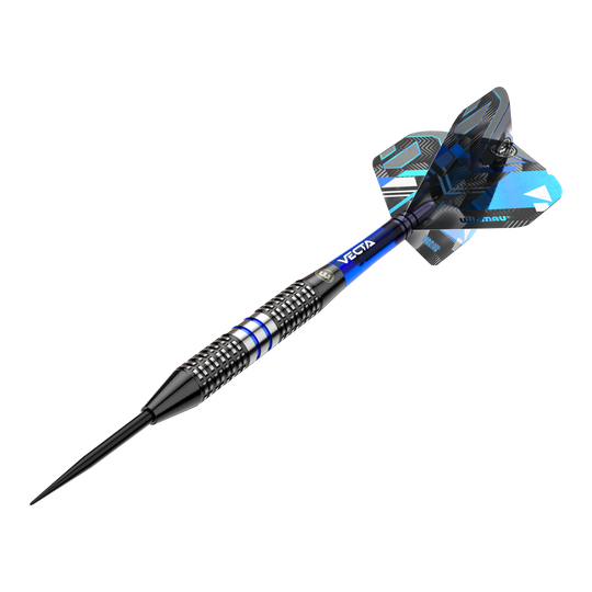 Ocelové šipky Winmau Galactics Das Bild zeigt einen Winmau Galactics Steeldart mit einem modernen Design. Der Dart hat blaue und silberne Akzente sowie ein auffälliges Flight-Muster.