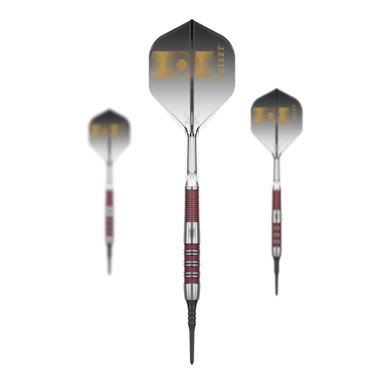 Měkké šipky Target Stephen Bunting 95K - 19g Auf dem Bild sind drei Softdarts des Modells „Target Stephen Bunting 95K“ mit einem Gewicht von 19g zu sehen. Die Darts haben schwarze Flights mit goldener Aufschrift und silber-rote Griffe.