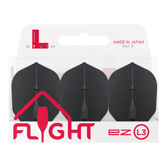 Lety L-L-Style3EZ Auf dem Bild ist eine Packung mit drei schwarzen Dartflights der Marke L-Style zu sehen. Die Verpackung trägt die Aufschrift „MADE IN JAPAN“ und „FLIGHT ez L3“.