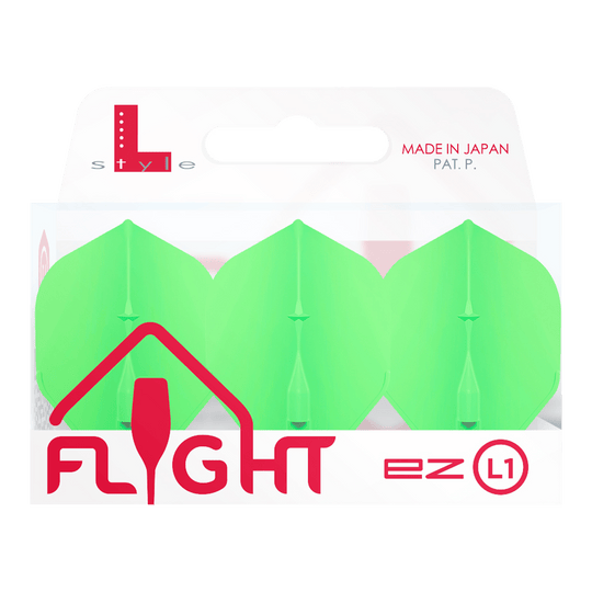 Standardní lety L-Style Champagne L1EZ Das Bild zeigt eine Packung der "L-Style Champagne L1EZ Standard Flights" in grün. Die Verpackung ist weiß und hebt hervor, dass das Produkt in Japan hergestellt wurde.