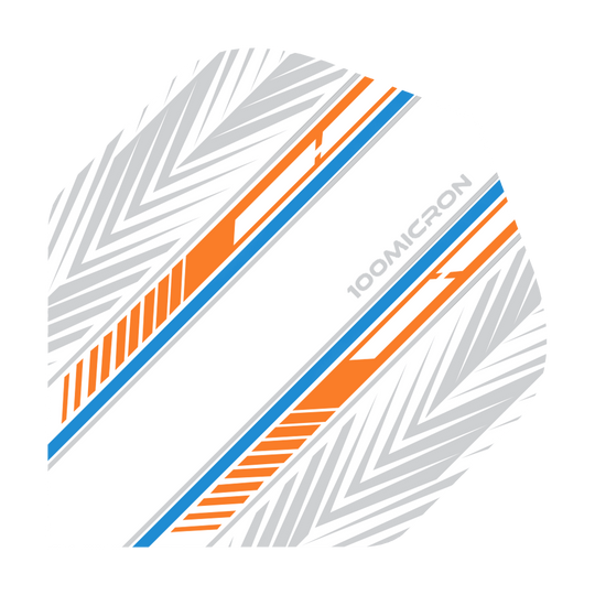 Das Bild zeigt ein Dartflight mit einem weißen Hintergrund und auffälligen orange-blauen Streifen. Zusätzlich sind graue geometrische Muster und der Schriftzug "100MICRON" zu sehen.