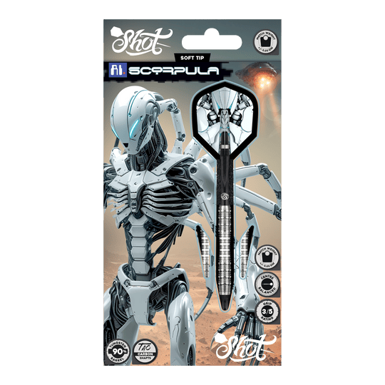 Šipky Shot AI Scorpula Soft - 20g Das Bild zeigt die Shot AI Scorpula Softdarts mit einem Gewicht von 20g. Die Darts sind detailliert und für das Softdart-Spiel konzipiert.