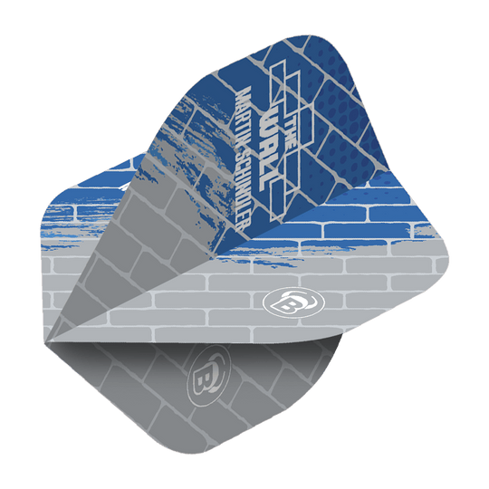 Standardní letky Bulls Metrixx Martin Schindler Blue Gray No2 Das Bild zeigt einen Dartflight in Blau und Grau mit Ziegelsteinmuster. Auf dem Flight steht "The Wall Martin Schindler" sowie das Bulls-Logo.