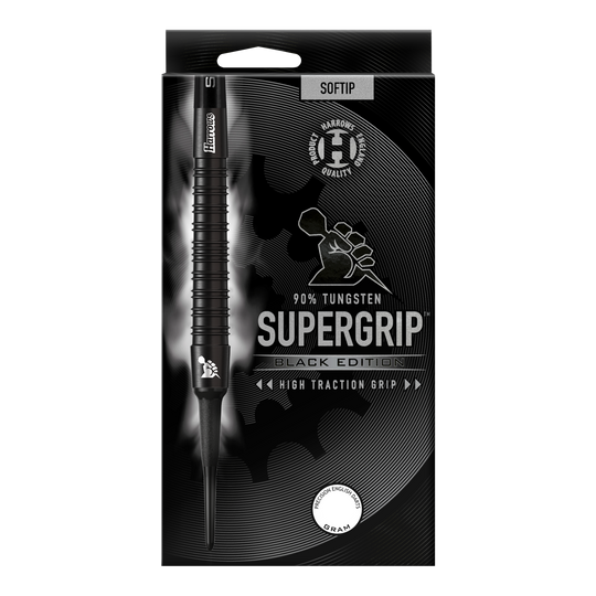 Měkké šipky Harrows Supergrip Black Edition Das Bild zeigt die Verpackung der "Harrows Supergrip Black-Edition Softdarts". Die Darts bestehen zu 90 % aus Tungsten und haben eine hohe Griffigkeit.
