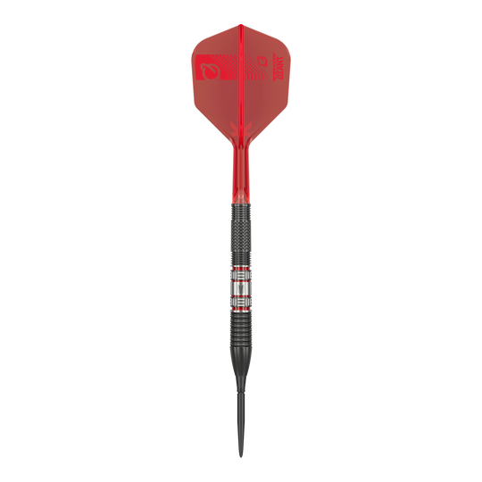 Šipky Target Gabriel Clemens 95K Swiss Point Steel Das Bild zeigt einen Target Gabriel Clemens 95K Swiss Point Steeldart. Der Dart hat eine schwarze Spitze, einen schwarz-silbernen Schaft und auffällige rote Flights.