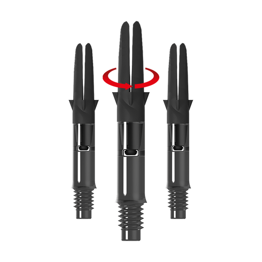 L-L-Style-Shaft Carbon Silent Straight - Černá Das Bild zeigt drei schwarze Carbon-Schaftsätze für Dartpfeile ohne Kappen. Über dem mittleren Schaft ist ein roter Pfeil, der eine Drehbewegung anzeigt.
