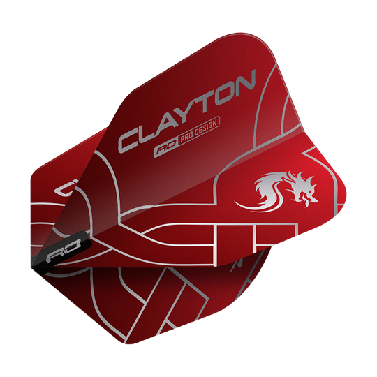 Das Bild zeigt die roten und silbernen Jonny Clayton Red Dragon Flights, Modell No6. Auf den Flights steht "CLAYTON" und ein stilisierter Drache ist abgebildet.