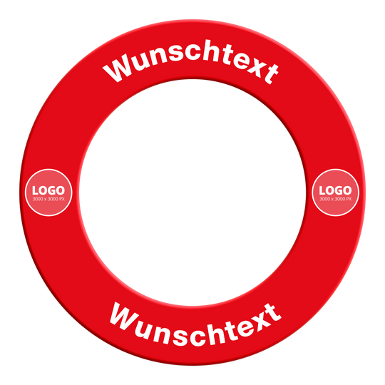 Das Bild zeigt ein Produkt mit dem Dateinamen MC-2012_Dartboard_Surround_mit_Wunschdruck_Rot_TextLogo_2. Es scheint sich um eine rote Dartboard-Umrandung mit Text und Logo zu handeln.