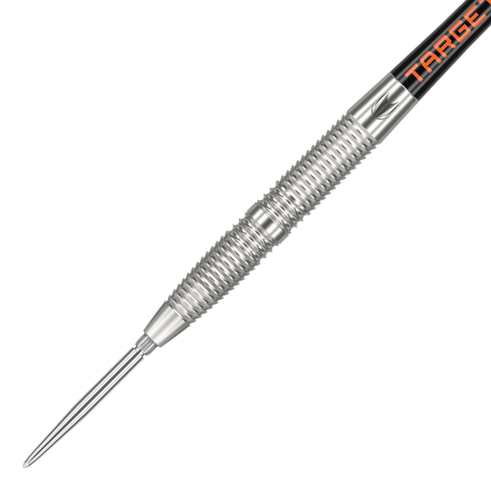 Das Bild zeigt den Target Crux 02 Swiss Point Steeldart. Der Dartpfeil hat eine silberne, geriffelte Oberfläche und eine spitze Metallspitze.
