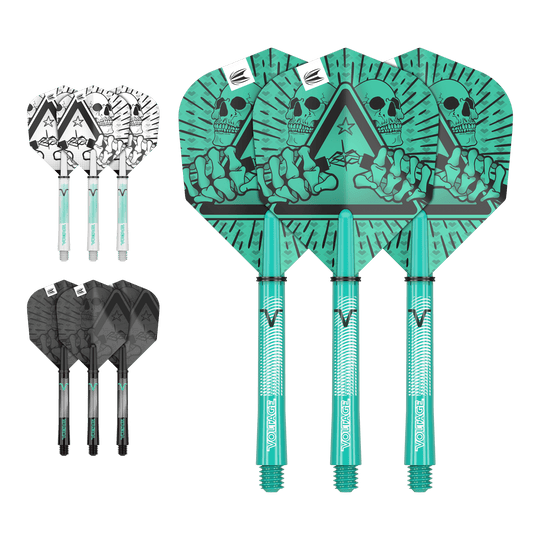 Sada pro letovou hřídel Target Ink Rob Cross Das Bild zeigt drei Sätze von Dartflights und -schäften in unterschiedlichen Farben und Designs. Die größten Flights haben ein auffälliges grünes Motiv mit einem Totenkopf und einer Hand.