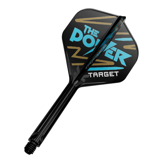 Systém standardní letové hřídele Target K-Flex Phil Taylor No2 Auf dem Bild ist ein Dartpfeil mit schwarzer Flight zu sehen. Auf der Flight steht in blauer und weißer Schrift "The Power" und "Target" mit goldenen Zierstreifen.