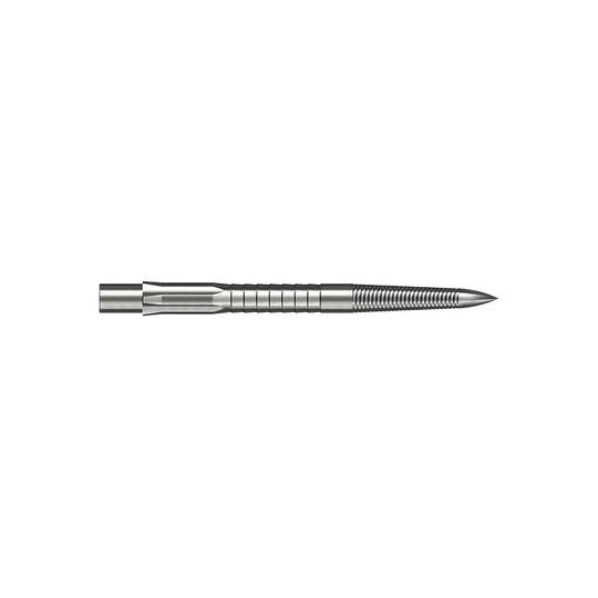 Ocelové hroty na šipky Caliburn System - Micro Grip - stříbrné Das Bild zeigt eine silberne Steeldartspitze mit feinem Mikrorillen-Grip. Die Spitze ist gerade und hat eine Länge von 28 mm.