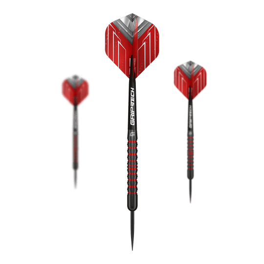 Das Bild präsentiert ein Set der GOAT Podium Black Steeldarts. Das Set besteht aus mehreren hochwertigen Steeldarts.