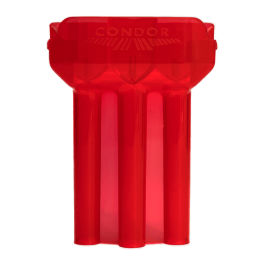 Das Bild zeigt ein rotes, durchsichtiges Dart-Etui der Marke Condor. Das Etui hat drei längliche Fächer für Dartpfeile.