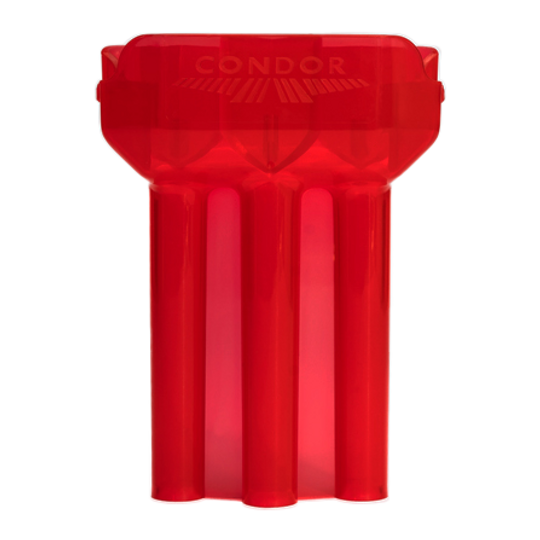 Pouzdro na šipky Condor DUAL Das Bild zeigt ein rotes, durchsichtiges Dart-Etui der Marke Condor. Das Etui hat drei längliche Fächer für Dartpfeile.