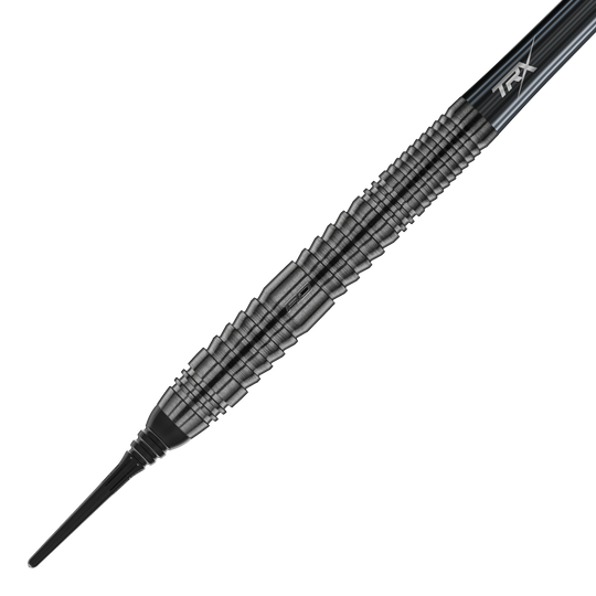 Das Bild zeigt einen Red Dragon Seren 2 Onyx Softdart mit einem Gewicht von 20g. Der Dartpfeil ist schwarz und hat ein gerilltes, strukturiertes Griffdesign.