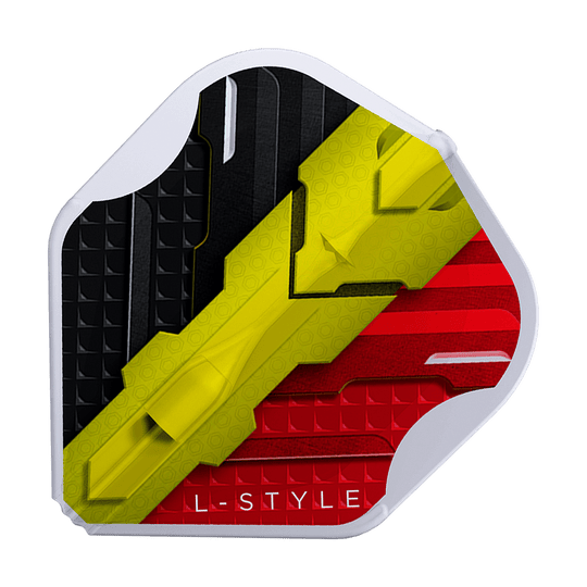 Letky L-Style V Series V1 Type C Belgium Clear White L1EZ Dies ist ein Dartflight mit den Farben Schwarz, Gelb und Rot im Design der belgischen Flagge. Am unteren Rand steht in Weiß der Schriftzug "L-STYLE".