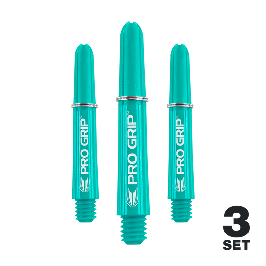 Target Pro Grip Shafts - 3 sady - Aqua Auf dem Bild sind drei aqua-blaue Pro Grip Shafts für Darts zu sehen. In der rechten unteren Ecke steht "3 SET".