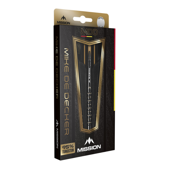 Šipky Mission Mike De Decker MDD Black Gold Soft - 20g Die Abbildung zeigt die Verpackung der "Mission Mike De Decker MDD Black Gold Softdarts - 20g". Die elegante Box hebt das Design der Darts sowie den hohen Tungsten-Anteil von 95 % hervor.
