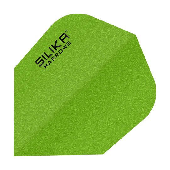Das Bild zeigt ein grünes Dartflight mit der Aufschrift "SILIKA HARROWS". Es handelt sich um das Modell "Harrows Silika Solid Tough Crystalline Coasting Green No6 Flights".