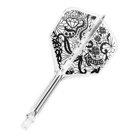 Systém Target Japan K-Flex Diamond No6 Flight Shaft System Dies ist ein transparenter Dartpfeil mit schwarzem, detailreichem Design auf der Flight-Fläche. Auf dem Flight sind unter anderem ein Diamant, Rosen und Schriftzüge zu sehen.