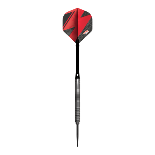 Das Bild zeigt einen Steeldart-Pfeil mit einem silbernen Griff und einer roten Flights. Der Pfeil trägt das Design und Logo der Marke Bulls NL Lightning Red.