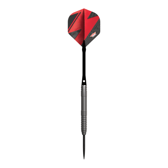 Ocelové šipky Bulls NL Lightning Red Das Bild zeigt einen Steeldart-Pfeil mit einem silbernen Griff und einer roten Flights. Der Pfeil trägt das Design und Logo der Marke Bulls NL Lightning Red.